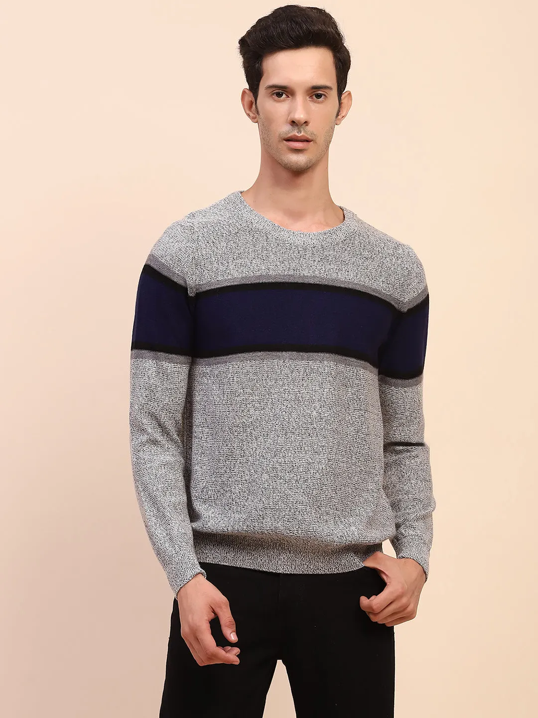 Camla Barcelona Striped Crew Neck Grey Sweater