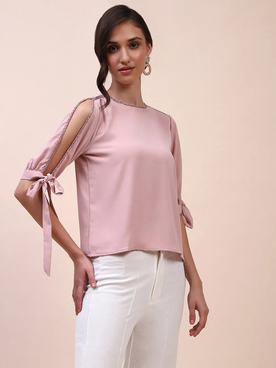 Camla Barcelona Tie Detailed Crew Neck Solid Peach Top