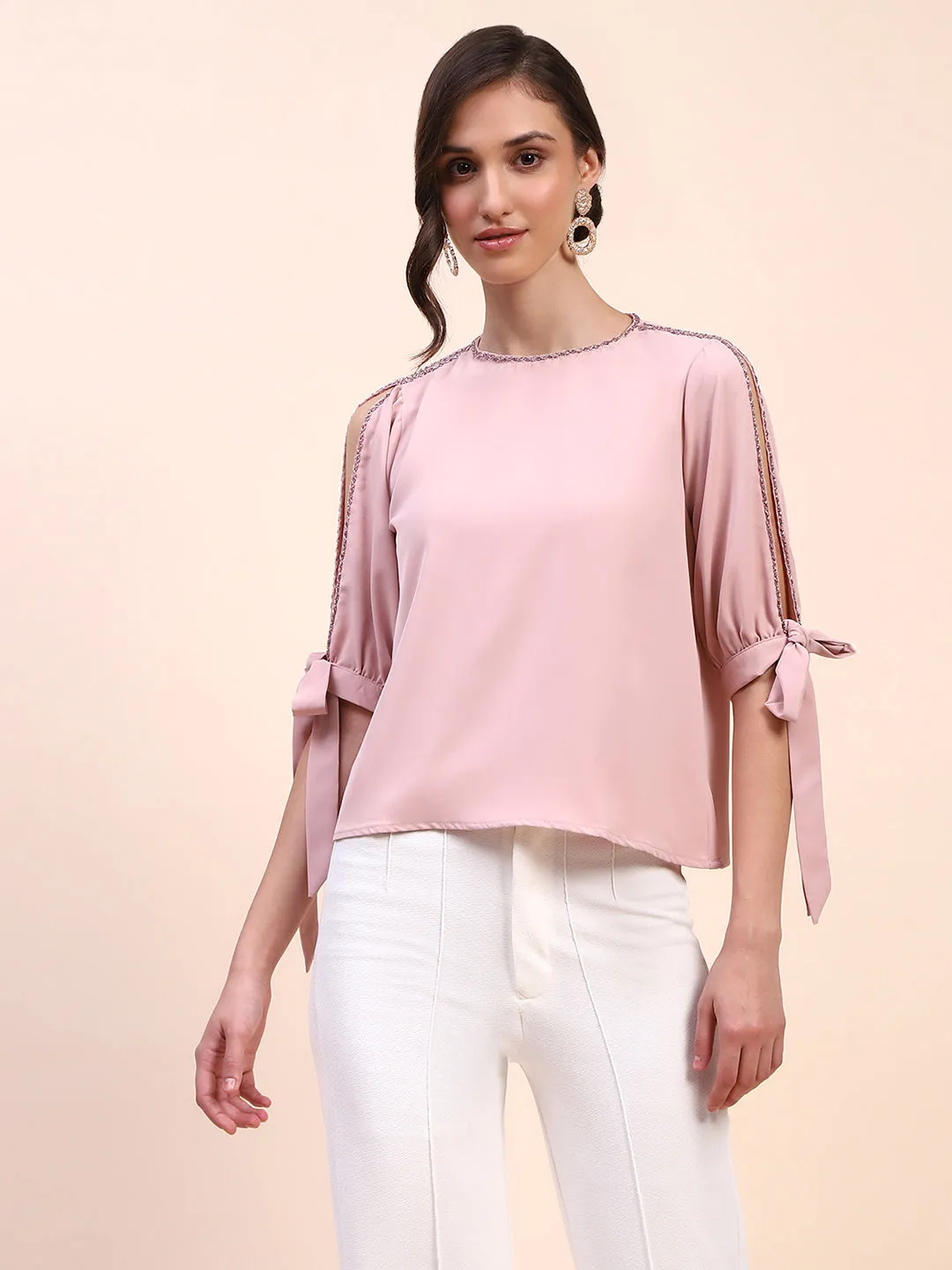 Camla Barcelona Tie Detailed Crew Neck Solid Peach Top