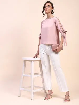 Camla Barcelona Tie Detailed Crew Neck Solid Peach Top