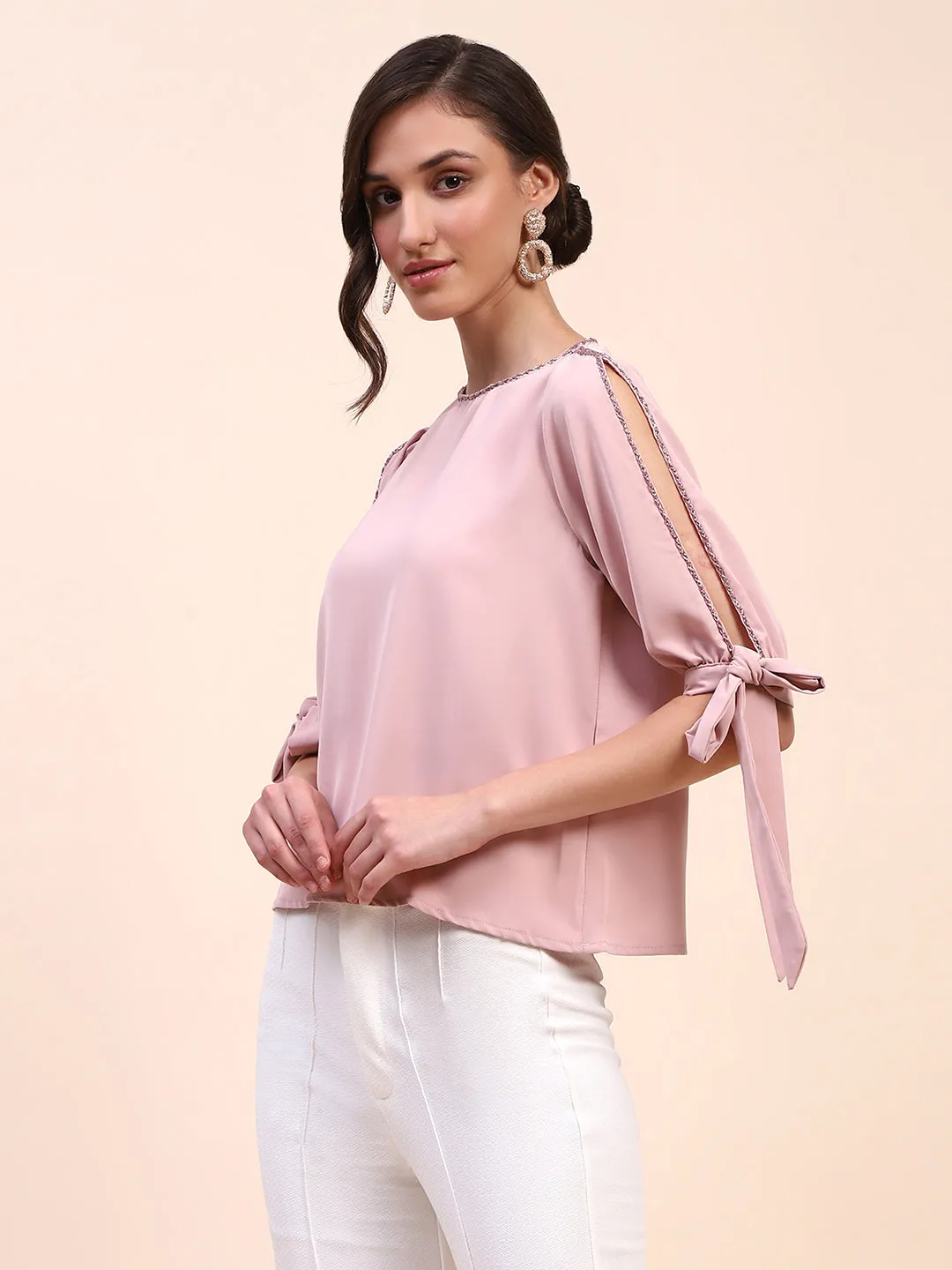 Camla Barcelona Tie Detailed Crew Neck Solid Peach Top