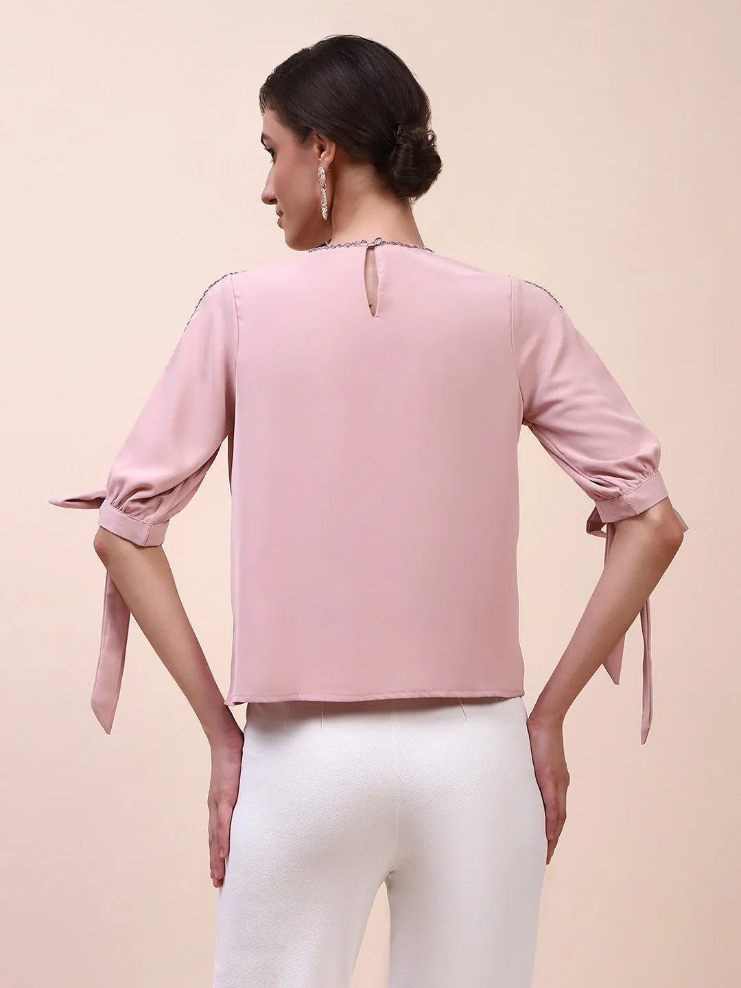 Camla Barcelona Tie Detailed Crew Neck Solid Peach Top