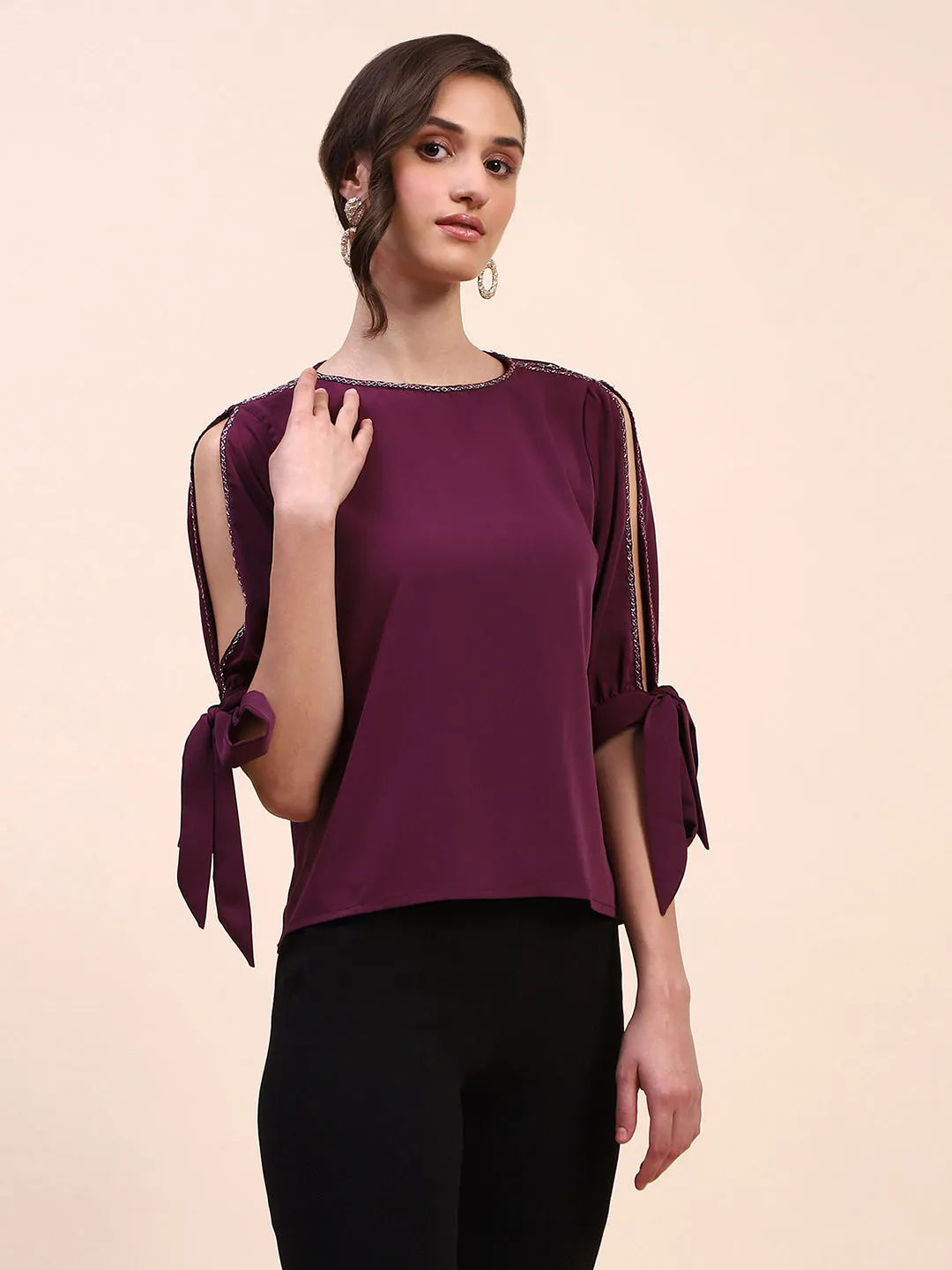 Camla Barcelona Tie Detailed Crew Neck Solid Wine Top