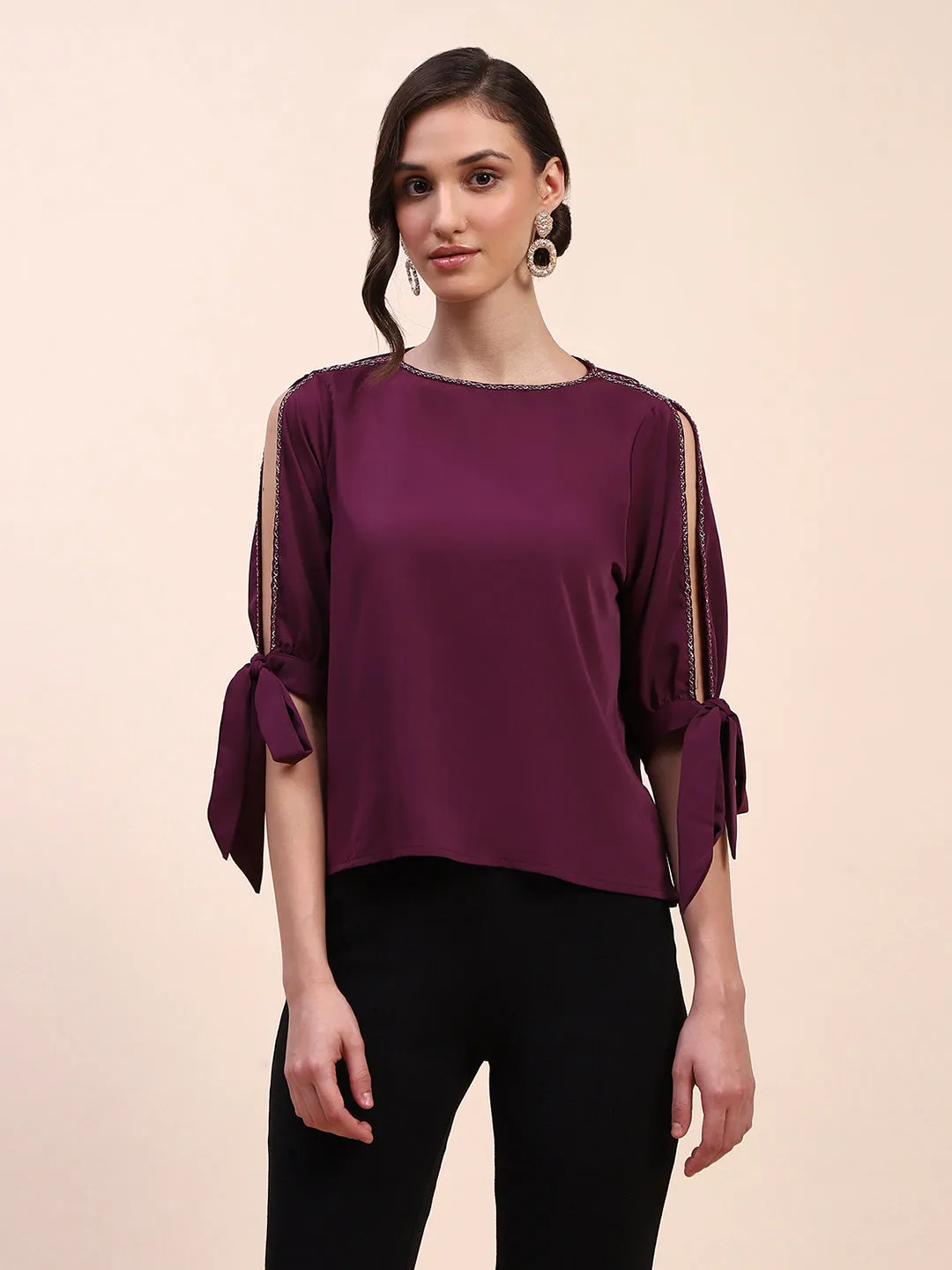 Camla Barcelona Tie Detailed Crew Neck Solid Wine Top