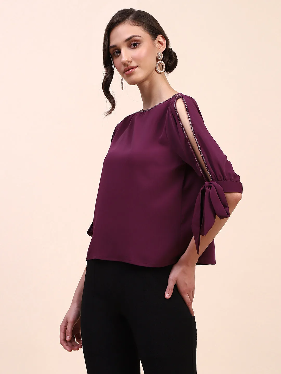 Camla Barcelona Tie Detailed Crew Neck Solid Wine Top