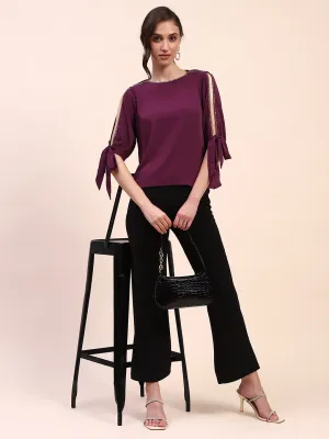 Camla Barcelona Tie Detailed Crew Neck Solid Wine Top