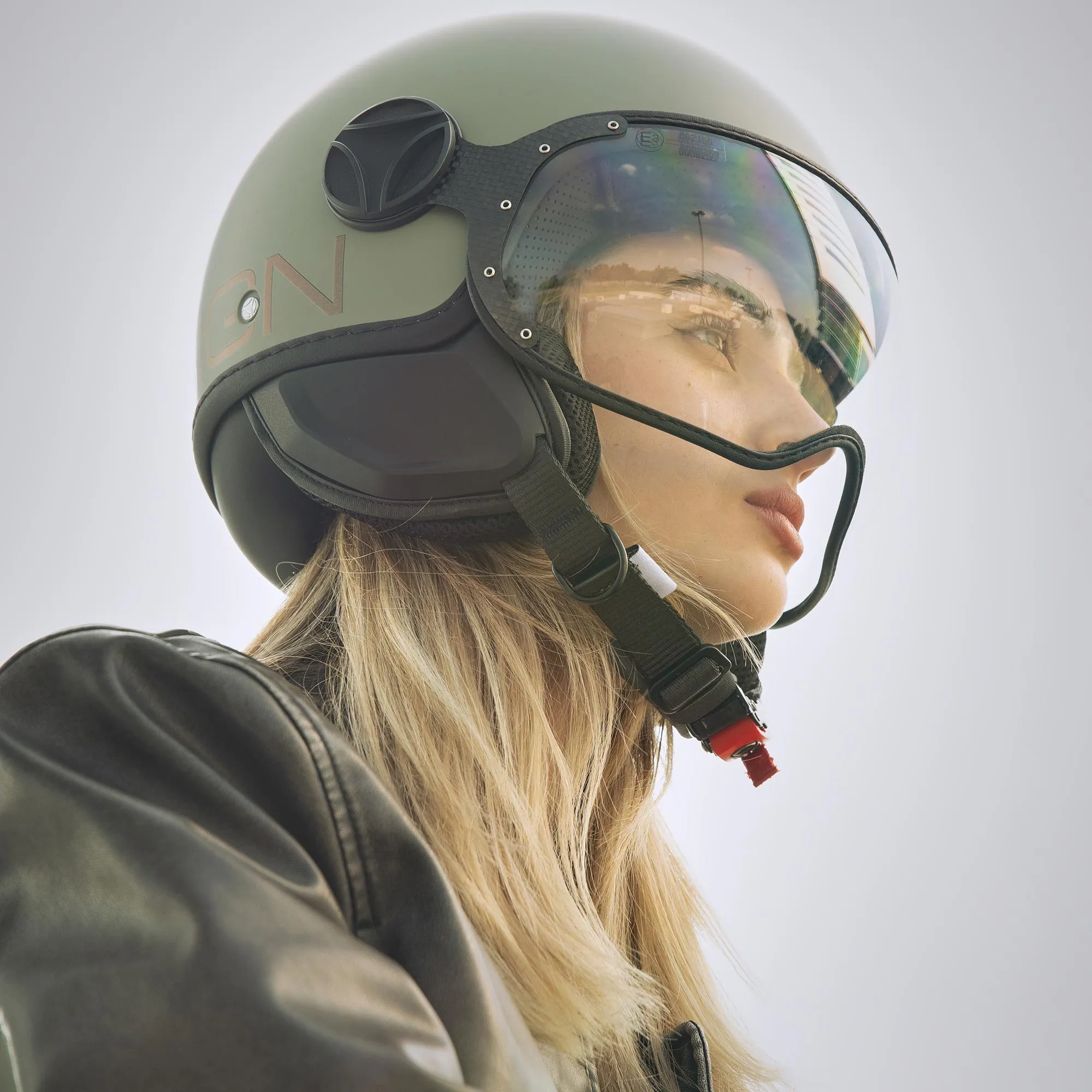 Casco moto jet FGTR CLASSIC Flip E2206 Verde opaco / bronzo