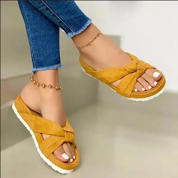 Casual Slip on Sandals Beach Shoes with Suede Bow Female Open Toe Platform Slippers Daily Comfortable Flip Flops