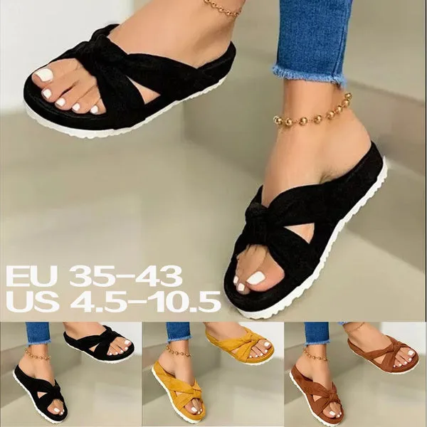 Casual Slip on Sandals Beach Shoes with Suede Bow Female Open Toe Platform Slippers Daily Comfortable Flip Flops