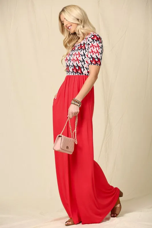 Celeste Full Size Houndstooth Round Neck Short Sleeve Maxi Dress Plus Size