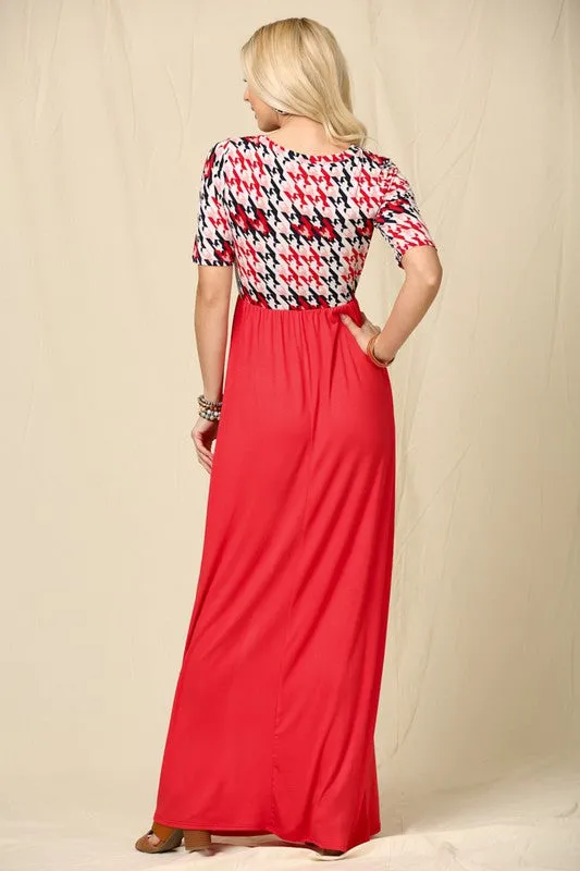 Celeste Full Size Houndstooth Round Neck Short Sleeve Maxi Dress Plus Size