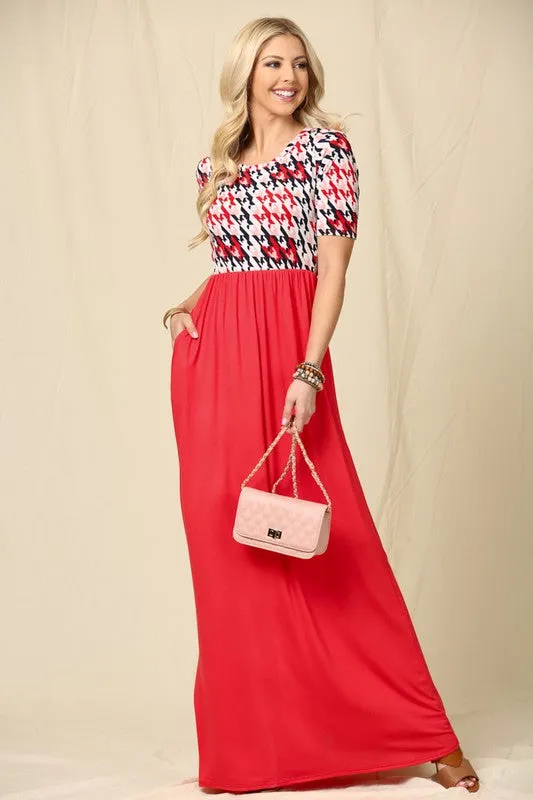 Celeste Full Size Houndstooth Round Neck Short Sleeve Maxi Dress Plus Size