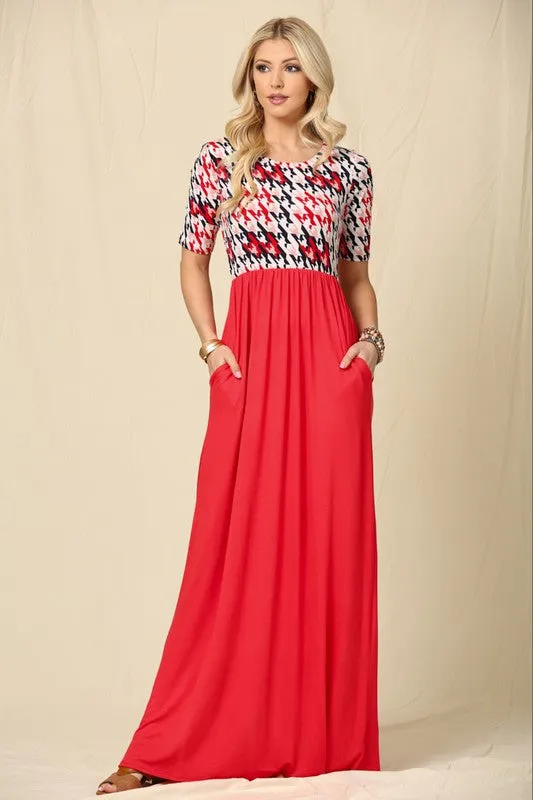 Celeste Full Size Houndstooth Round Neck Short Sleeve Maxi Dress Plus Size