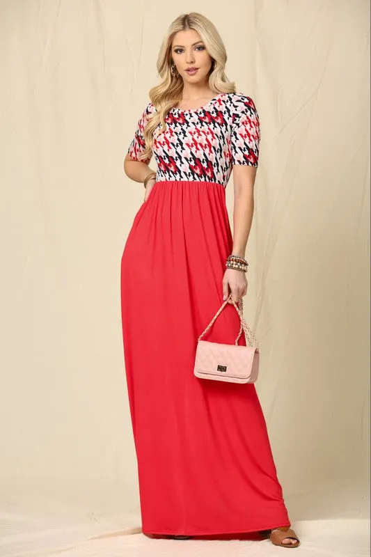 Celeste Full Size Houndstooth Round Neck Short Sleeve Maxi Dress Plus Size