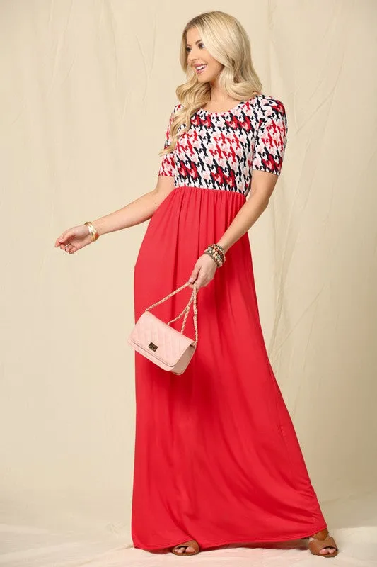 Celeste Full Size Houndstooth Round Neck Short Sleeve Maxi Dress Plus Size