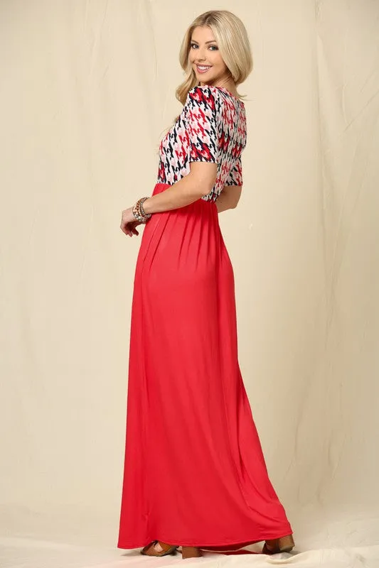 Celeste Full Size Houndstooth Round Neck Short Sleeve Maxi Dress Plus Size