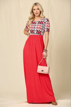 Celeste Full Size Houndstooth Round Neck Short Sleeve Maxi Dress Plus Size
