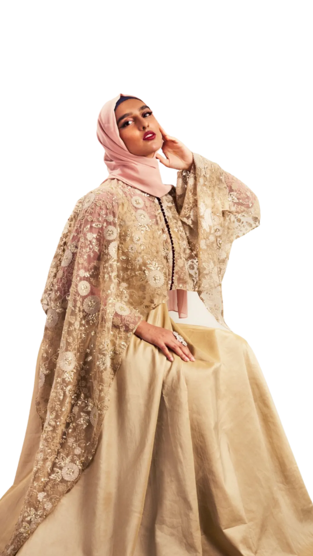 Champagne Lace Cape Gown