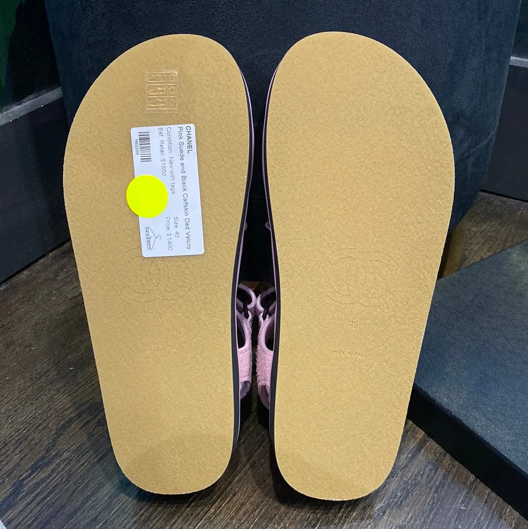 Chanel Pink Suede and Black Calfskin Dad Velcro Sandals with Gold CC