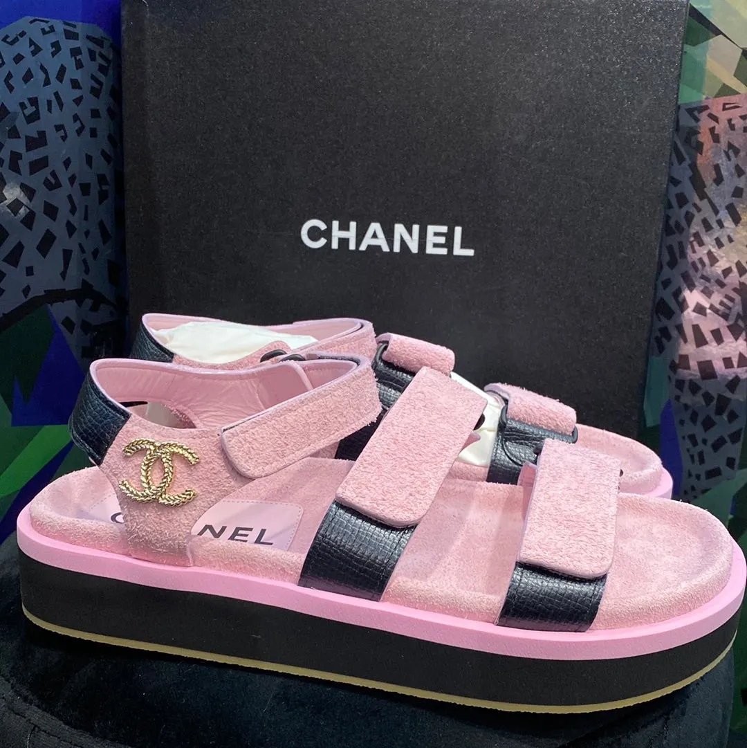 Chanel Pink Suede and Black Calfskin Dad Velcro Sandals with Gold CC