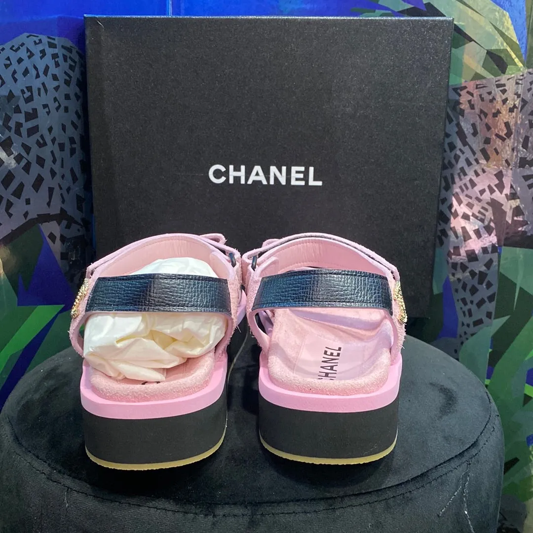 Chanel Pink Suede and Black Calfskin Dad Velcro Sandals with Gold CC