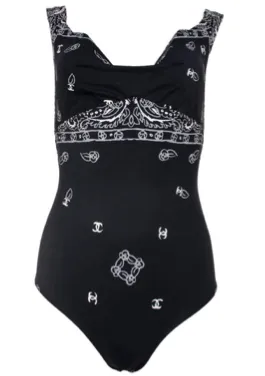 Chanel Size 40 Black Paisley Swimsuit