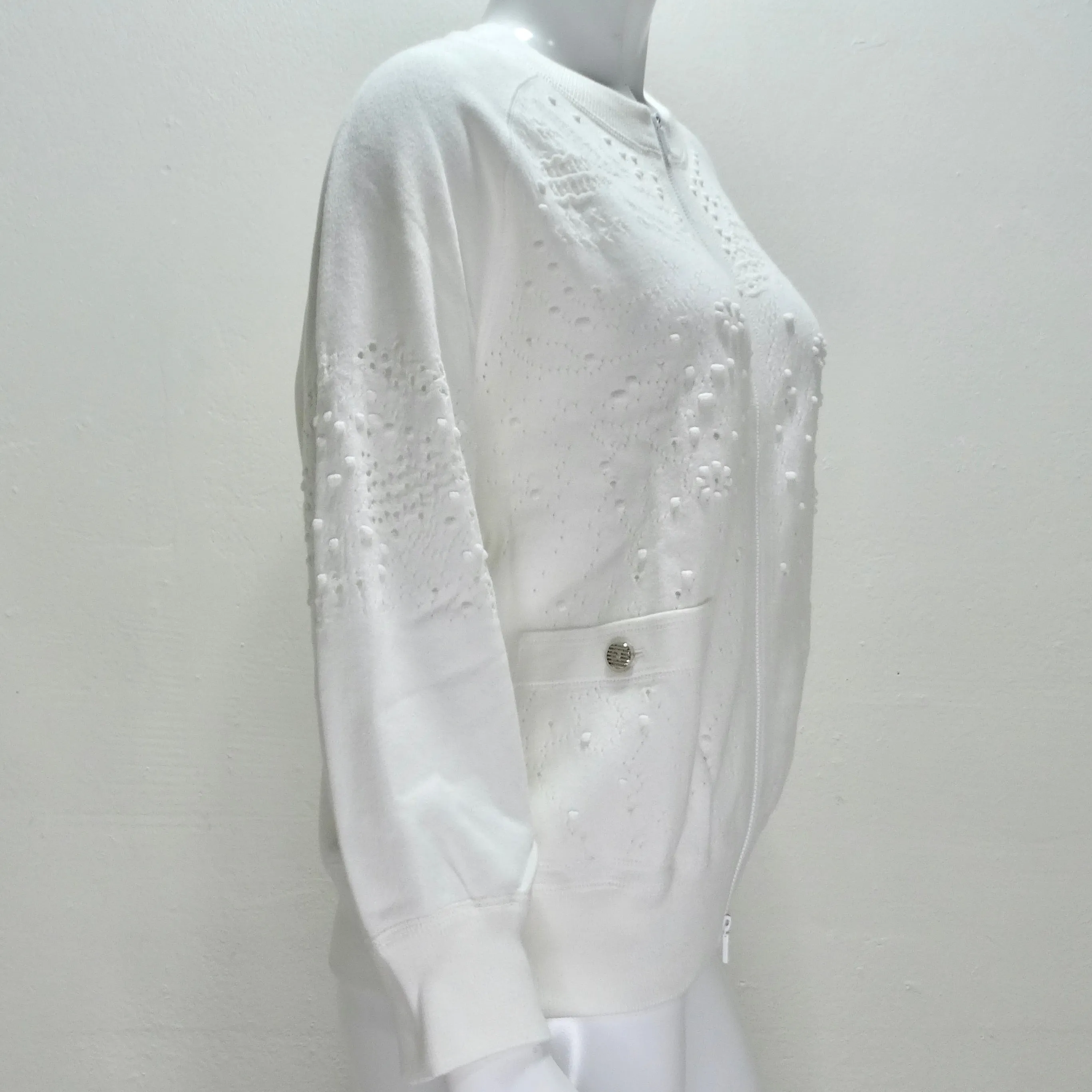 Chanel White Perforated Knit Zip Up Sweater