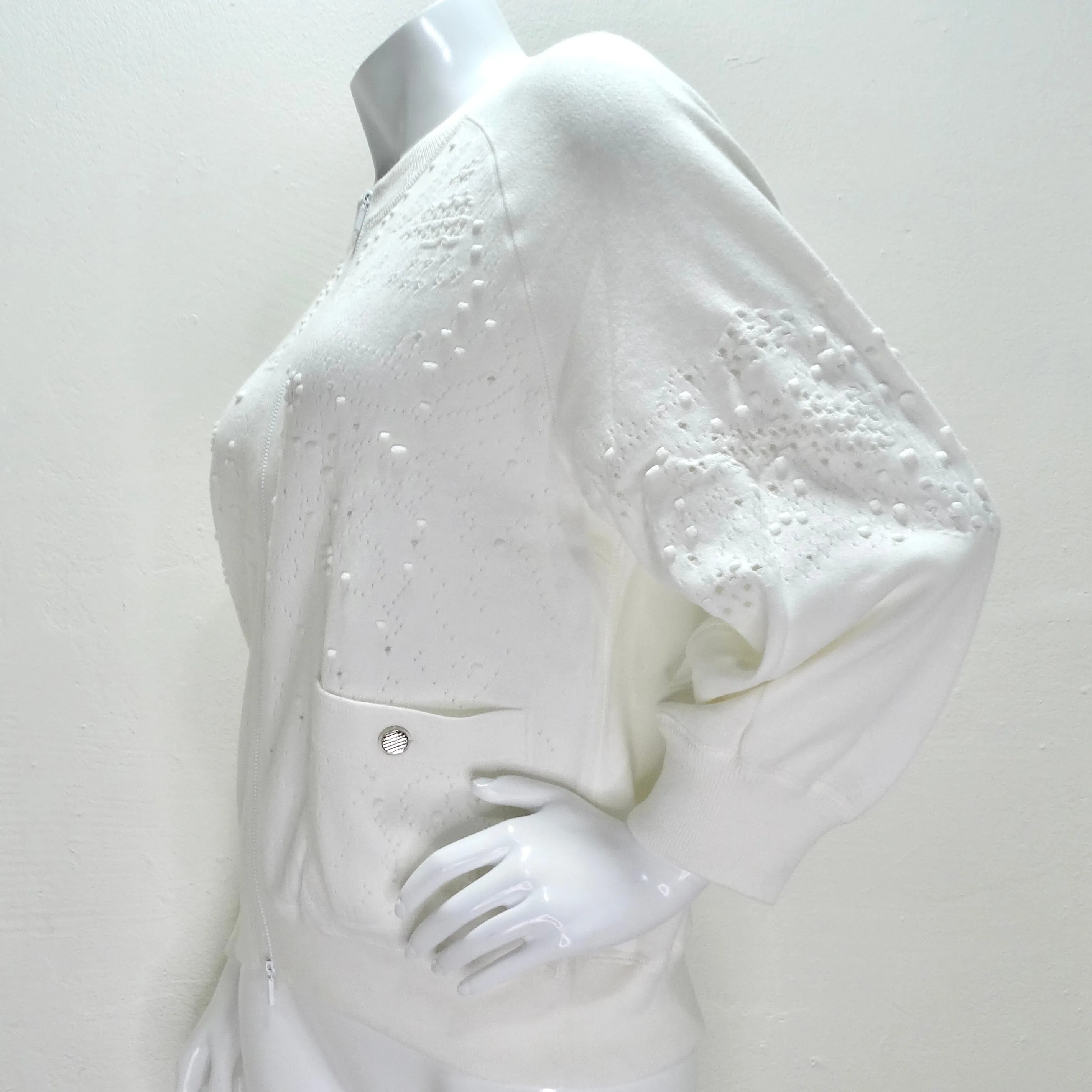 Chanel White Perforated Knit Zip Up Sweater