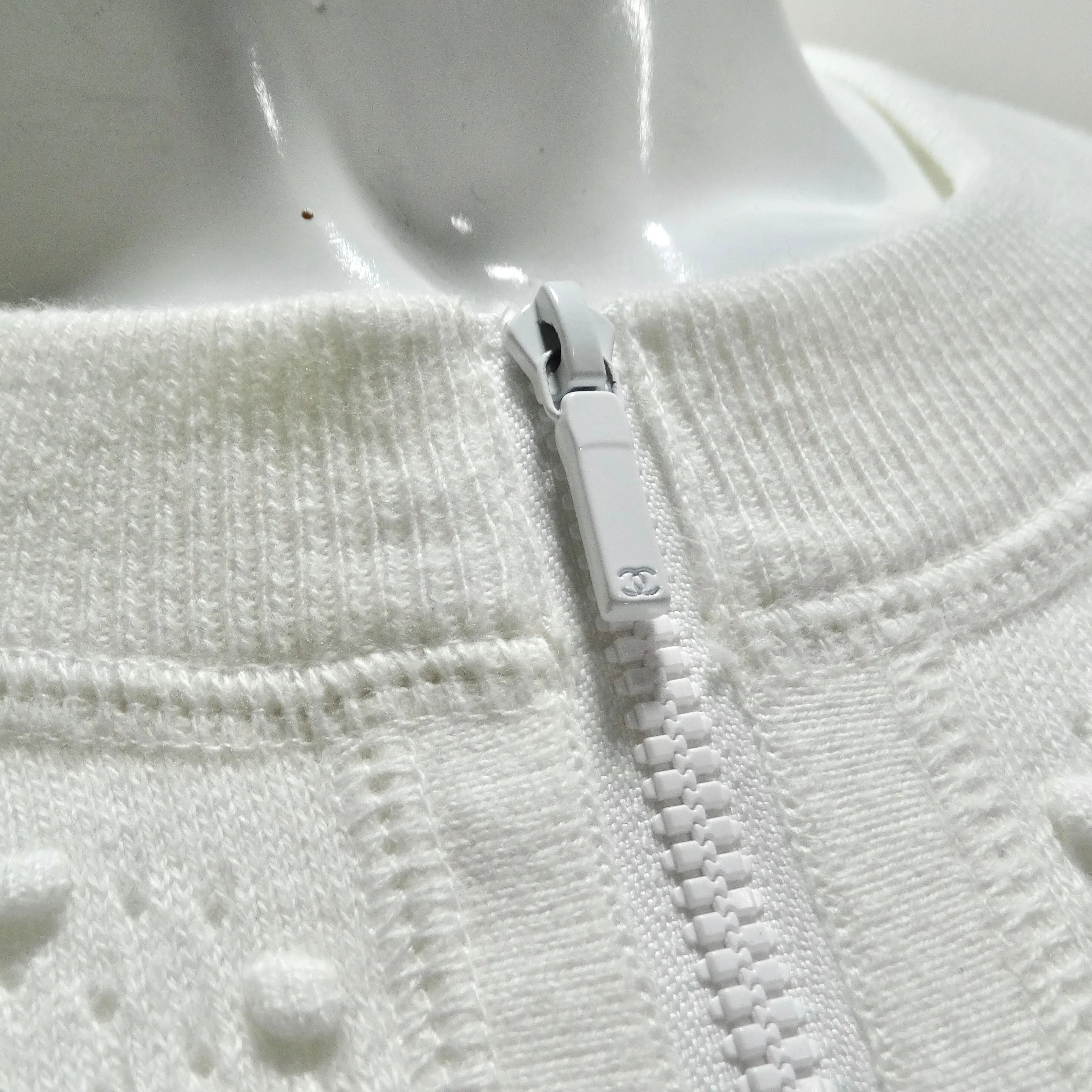Chanel White Perforated Knit Zip Up Sweater