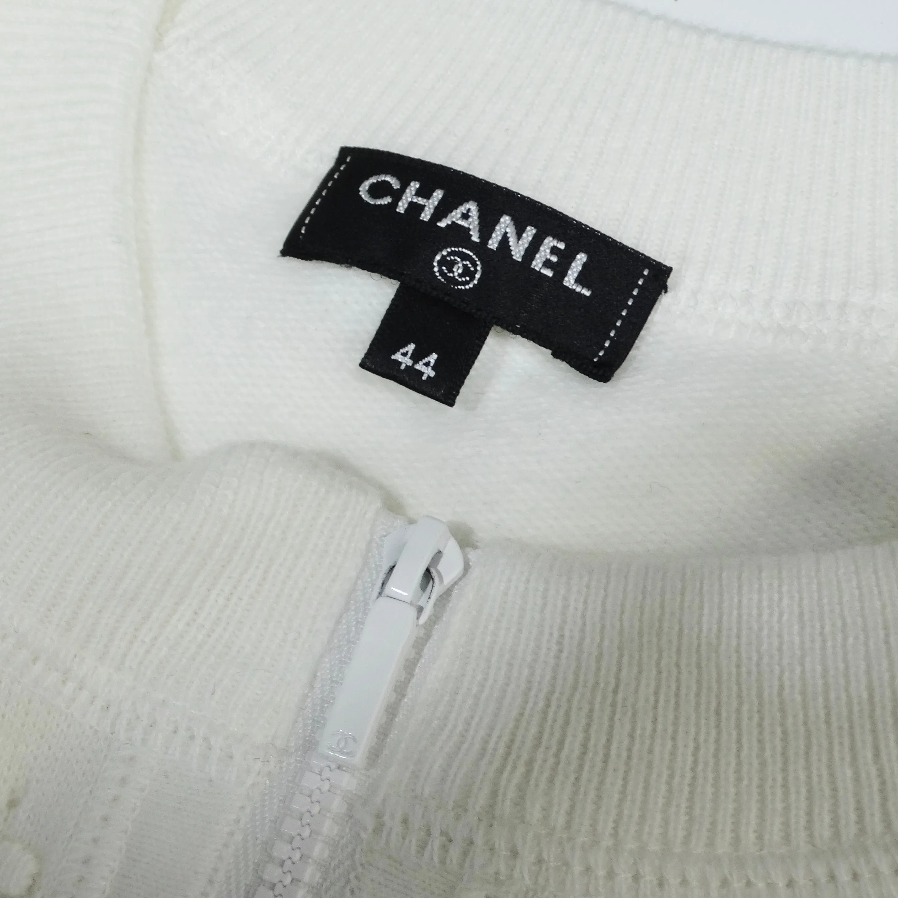 Chanel White Perforated Knit Zip Up Sweater