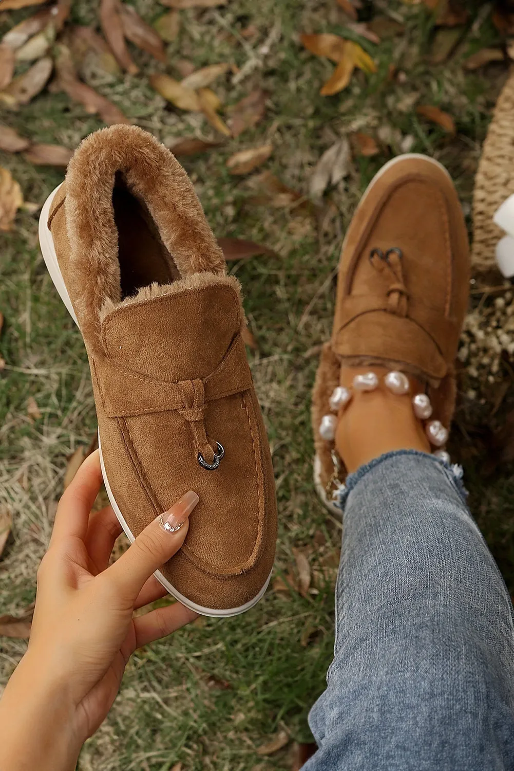 Chestnut Suede Furry Lined Slip on Flat Shoes
