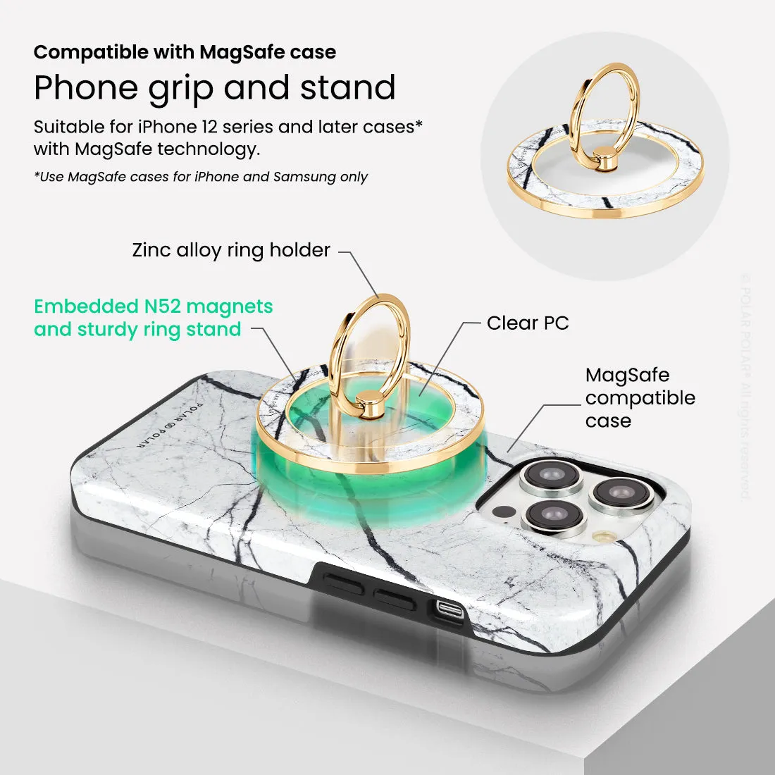 Classic White - Golden MagSafe Phone Grip and Ring Holder Stand