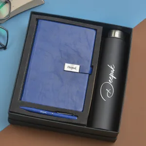 Classy Metal Flip Diary   Classic Metal Pen   Classic Smart Bottle  (Black) - Blue