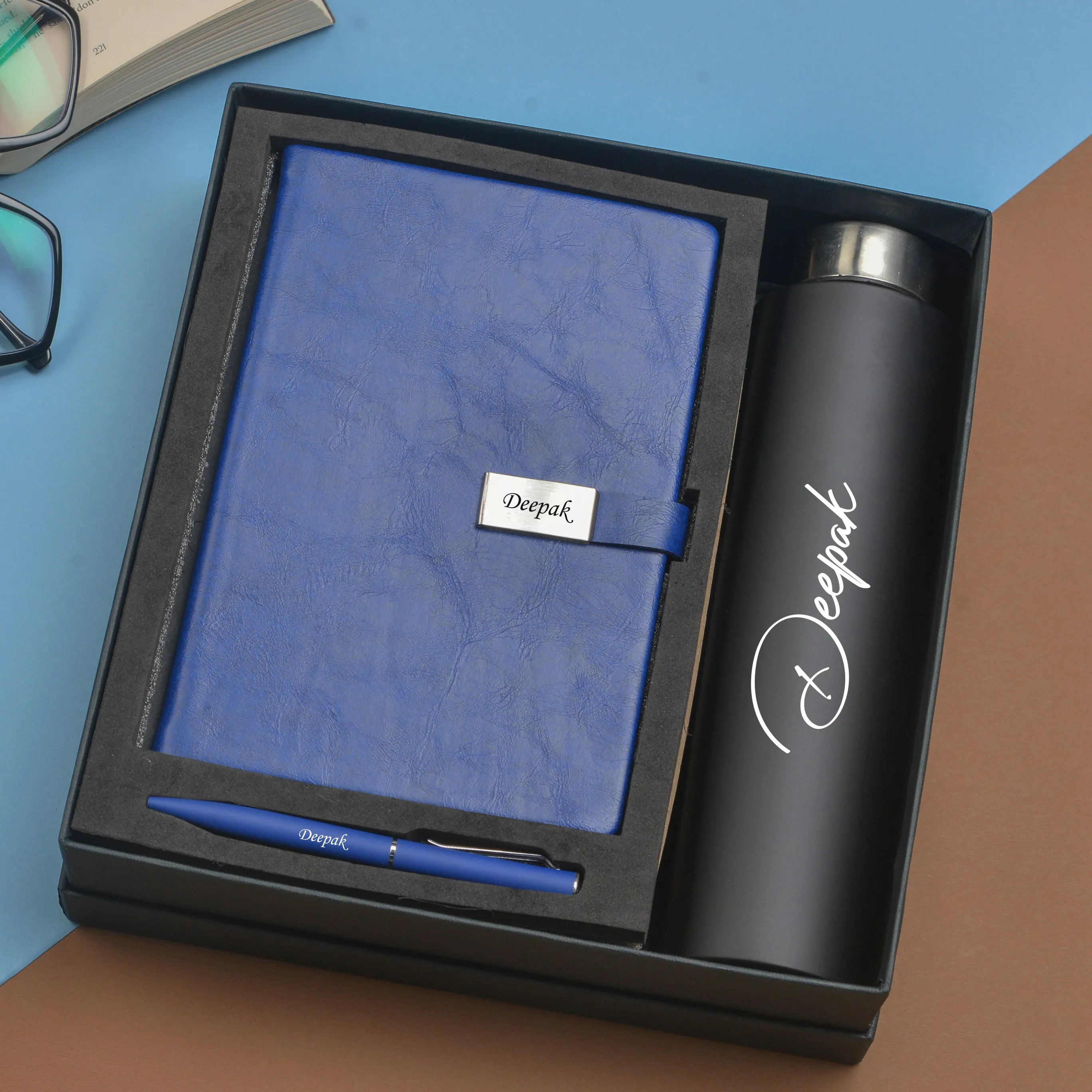 Classy Metal Flip Diary   Classic Metal Pen   Classic Smart Bottle  (Black) - Blue