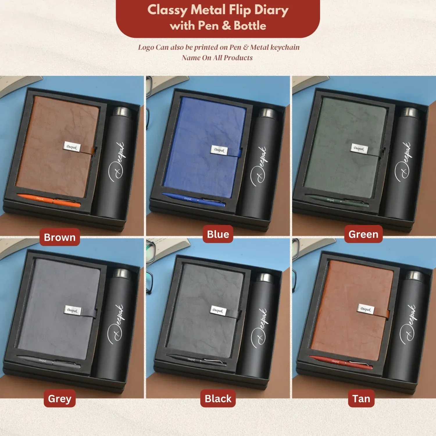 Classy Metal Flip Diary   Classic Metal Pen   Classic Smart Bottle  (Black) - Blue