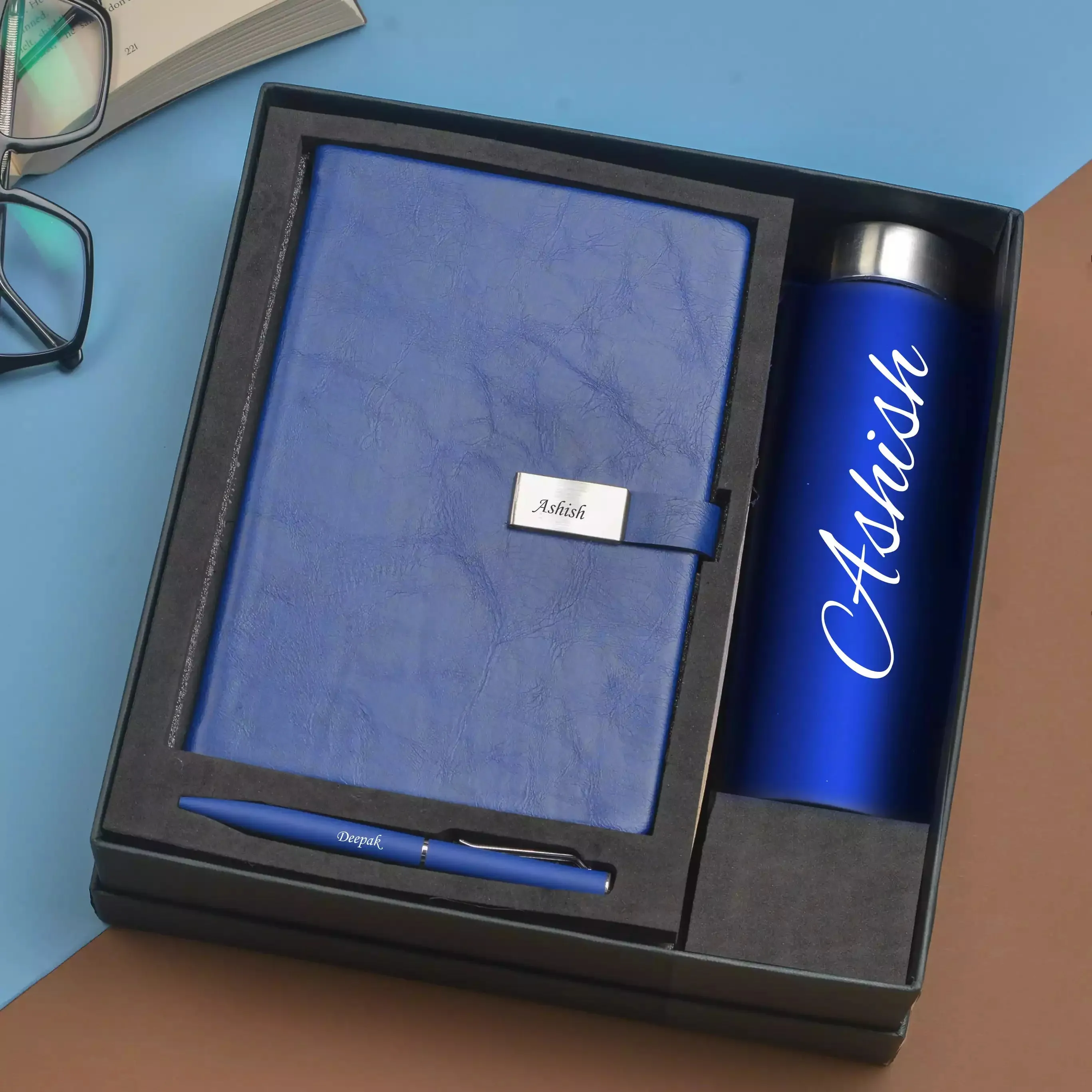Classy Metal Flip Diary   Classic Metal Pen   Classic Smart Bottle  (Black) - Blue