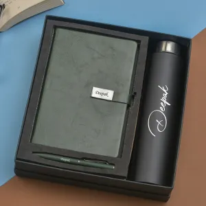 Classy Metal Flip Diary   Classic Metal Pen   Classic Smart Bottle  (Black) - Green