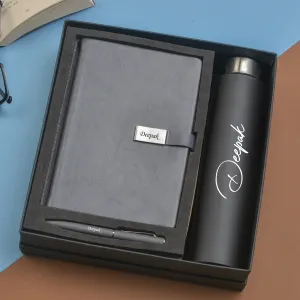 Classy Metal Flip Diary   Classic Metal Pen   Classic Smart Bottle  (Black) - Grey