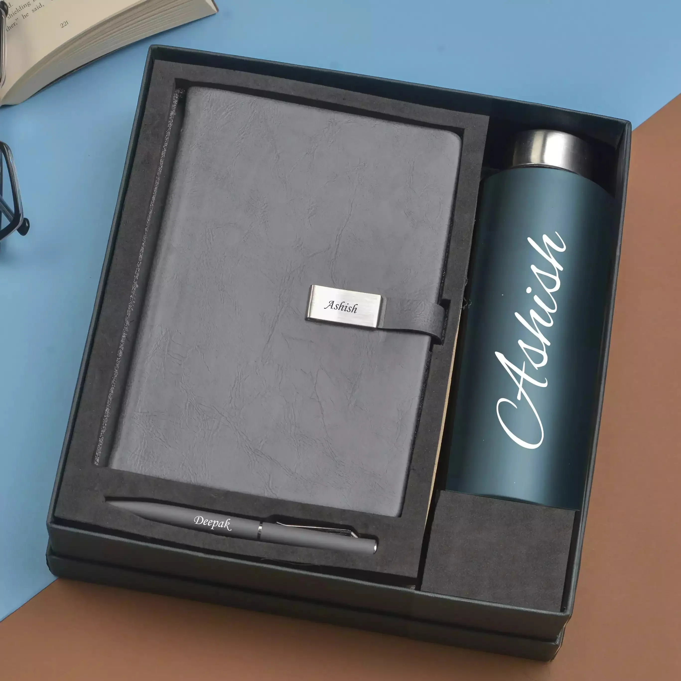Classy Metal Flip Diary   Classic Metal Pen   Classic Smart Bottle  (Black) - Grey