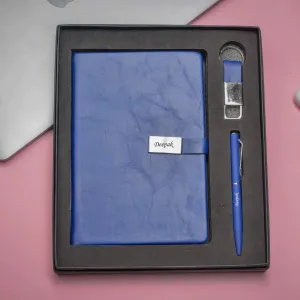 Classy Metal Flip Diary   Classic Metal Pen   Classy Leather Metal Keychain - Blue