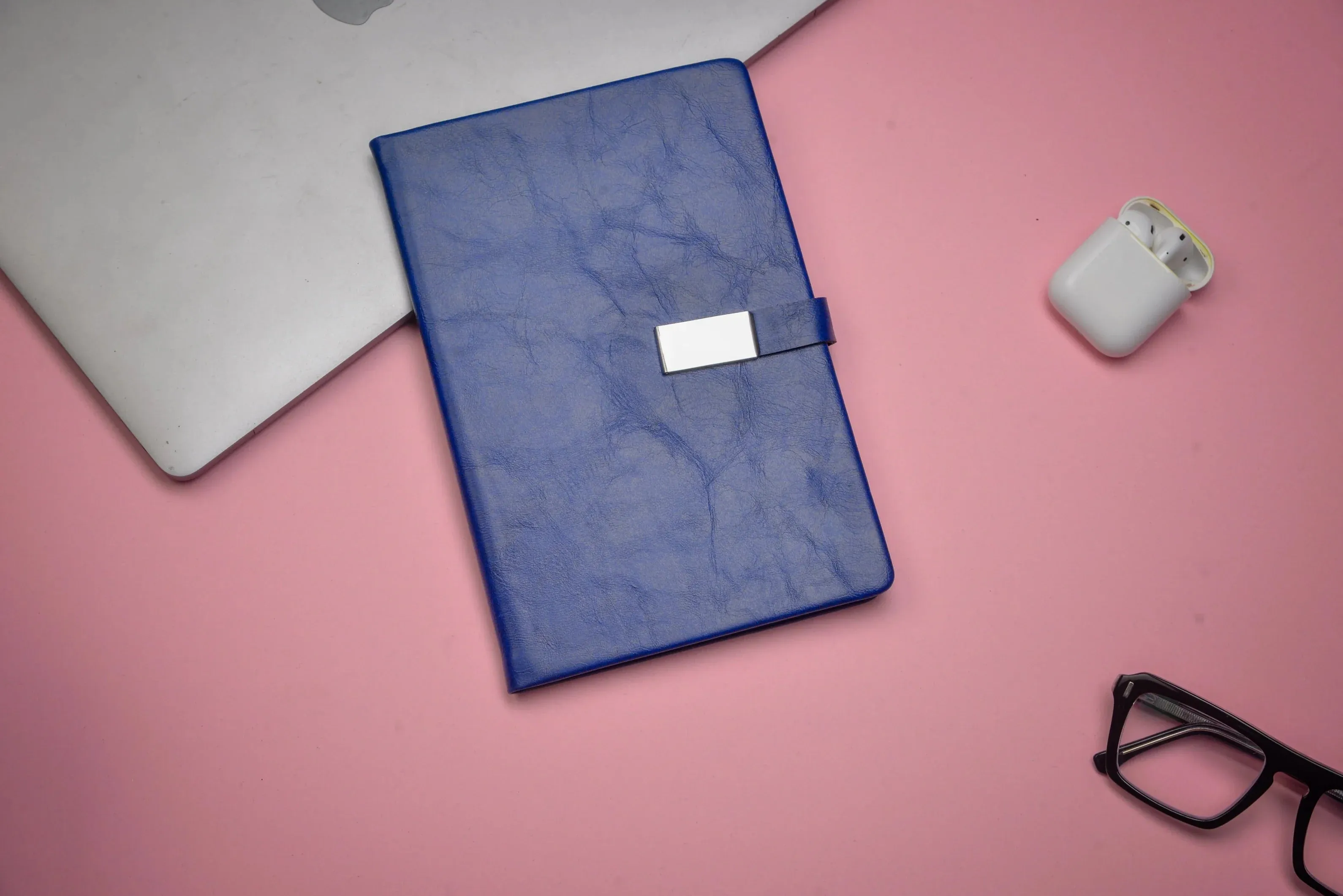Classy Metal Flip Diary   Classic Metal Pen   Classy Leather Metal Keychain - Blue