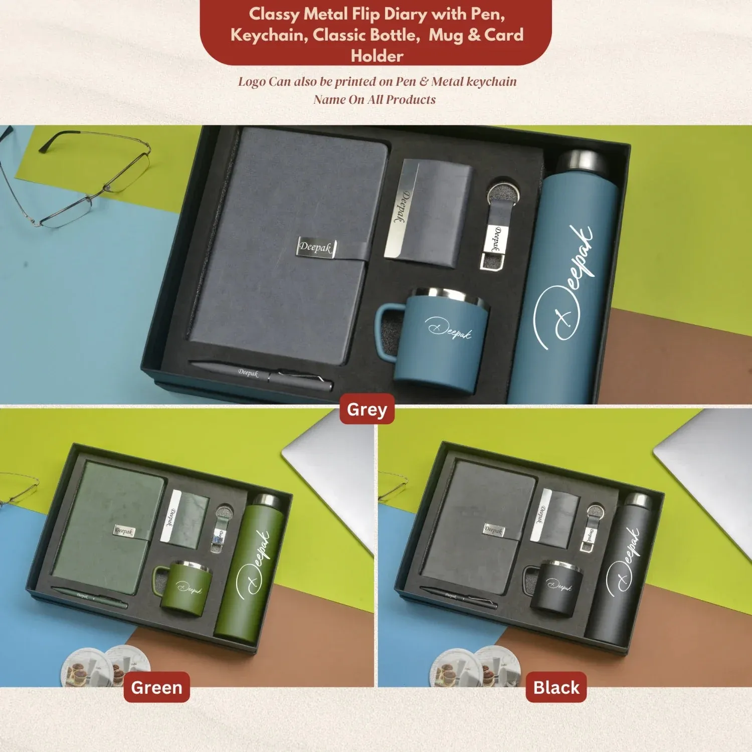 Classy Metal Flip Diary   Classic Metal Pen   Classy Leather Metal Keychain   Classy Card Holder   Classic Smart Bottle    Stainless Steel Mug - Grey