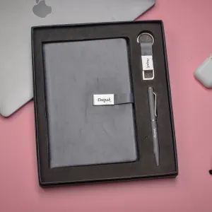 Classy Metal Flip Diary   Classic Metal Pen   Classy Leather Metal Keychain - Grey