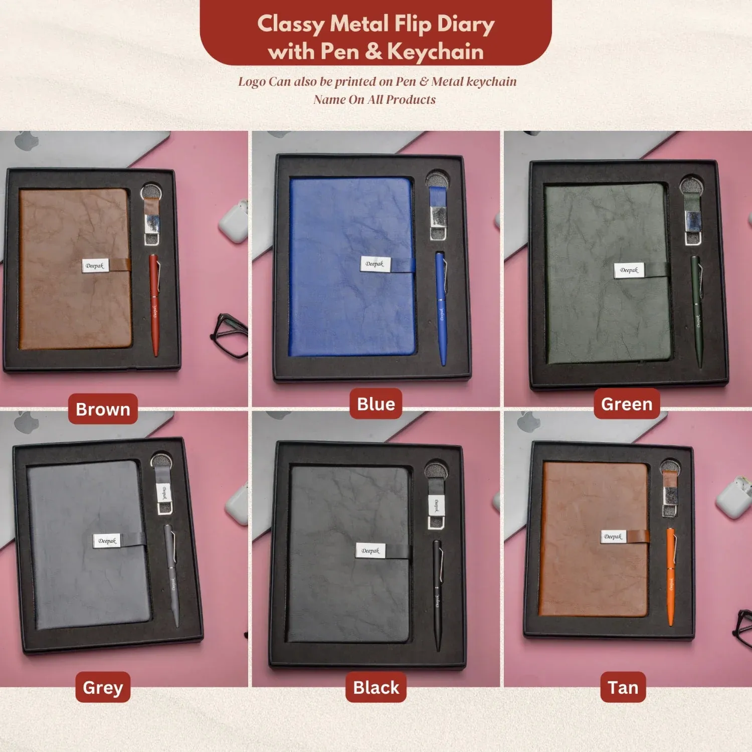 Classy Metal Flip Diary   Classic Metal Pen   Classy Leather Metal Keychain - Tan