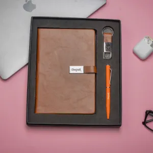 Classy Metal Flip Diary   Classic Metal Pen   Classy Leather Metal Keychain - Tan