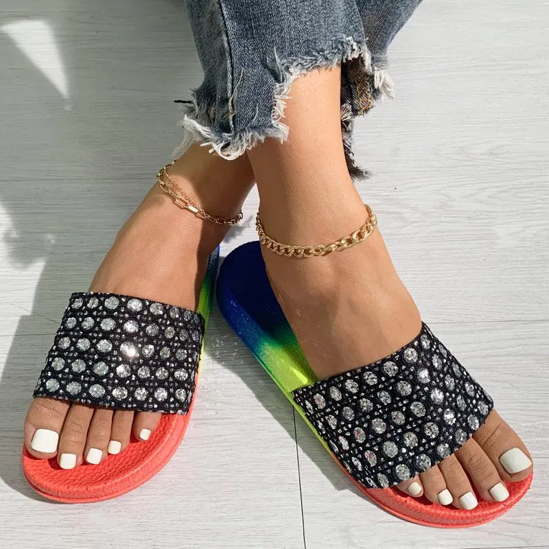 Colorblock Rhinestone Flat Sandals