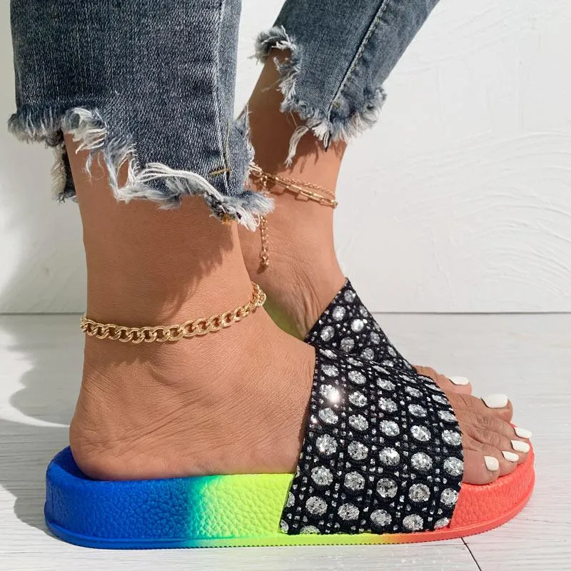Colorblock Rhinestone Flat Sandals