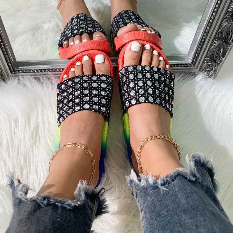 Colorblock Rhinestone Flat Sandals