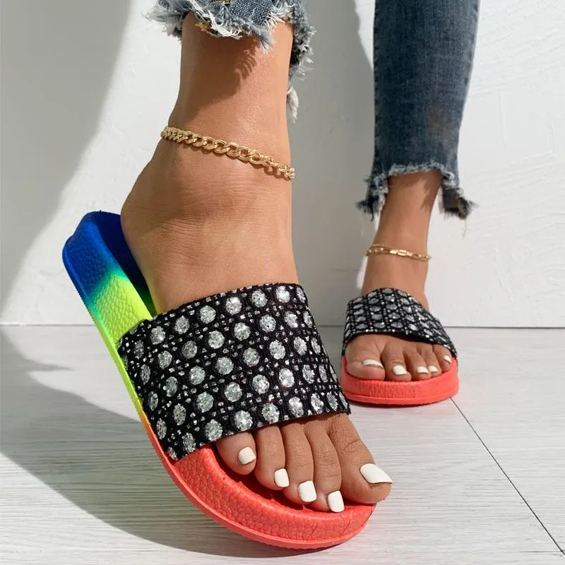 Colorblock Rhinestone Flat Sandals