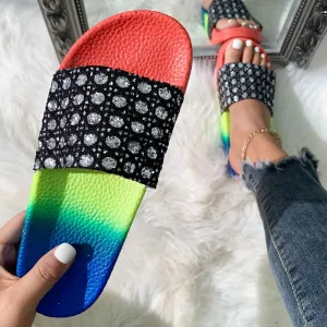 Colorblock Rhinestone Flat Sandals